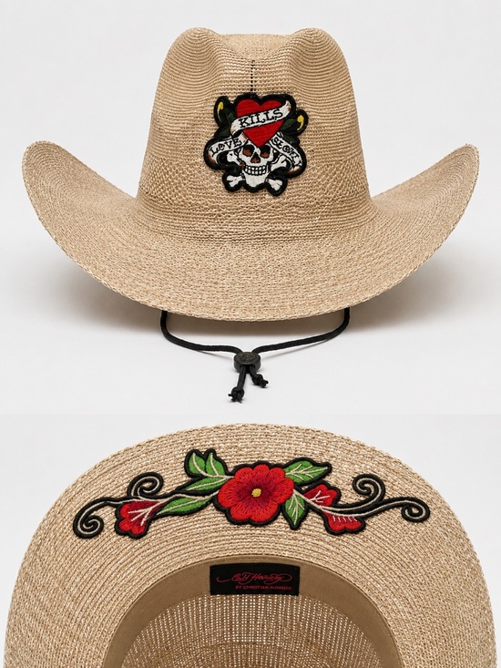 Ed Hardy Cowboy Hat Skull Heart Red Floral Embroidered Straw Western OS NWT main image 4